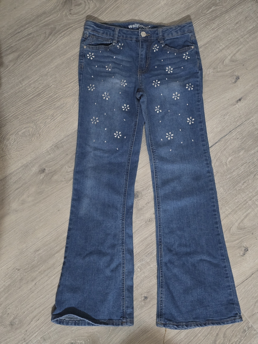 Wallflower Dark Blue Flared Jeans with Floral Studs